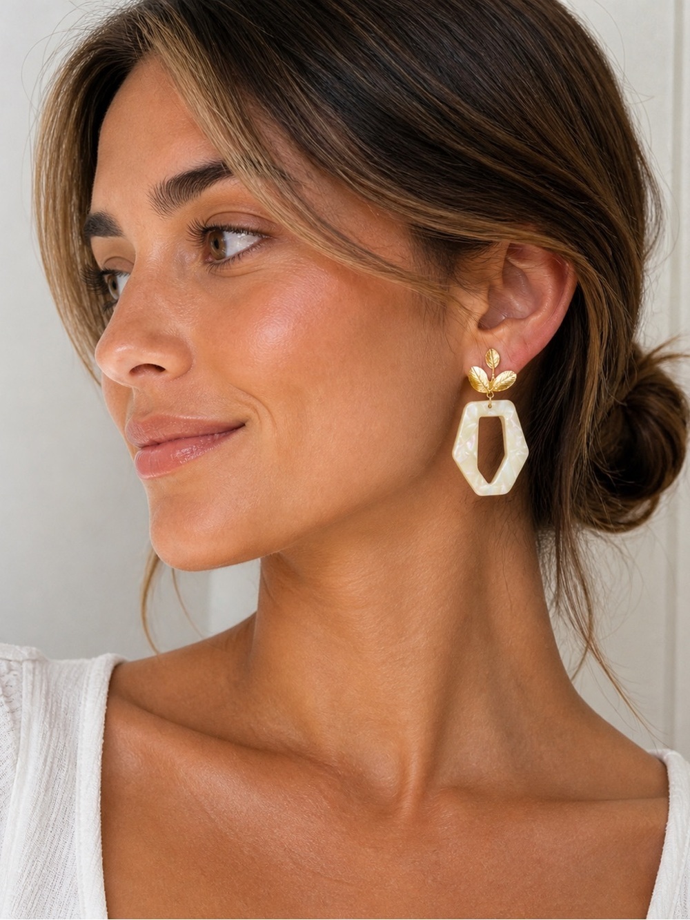 2/$30 Elegant Cream Earrings with Gold Leaf Accents